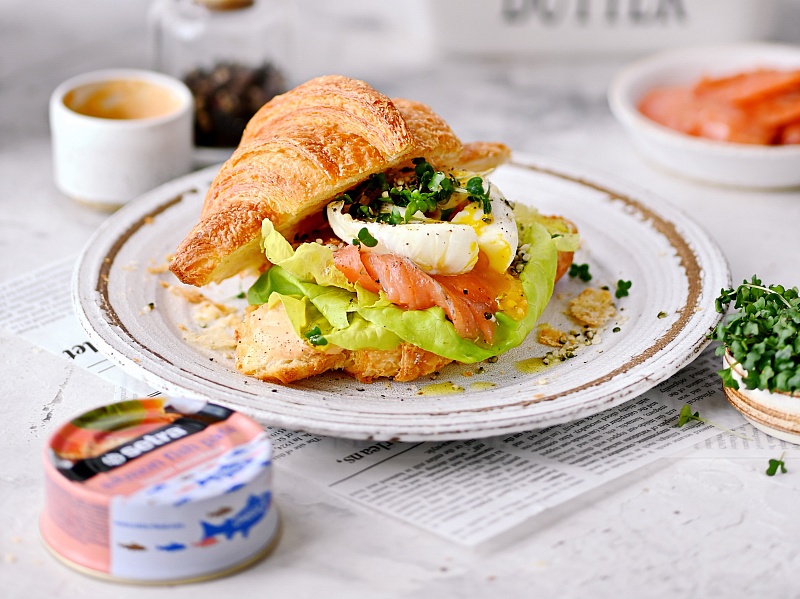 Croissant with Setra salmon pate and poached egg